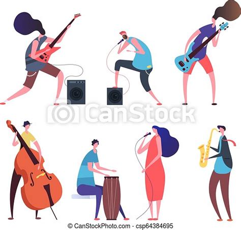 Music Band Cartoon Musicians Punk Guys With Musical Instruments