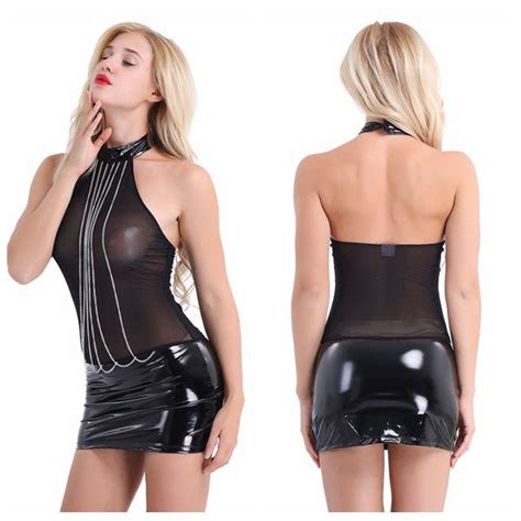 women ladies lingerie dress splice sleeveless halter semi see through slim party clubwear dress