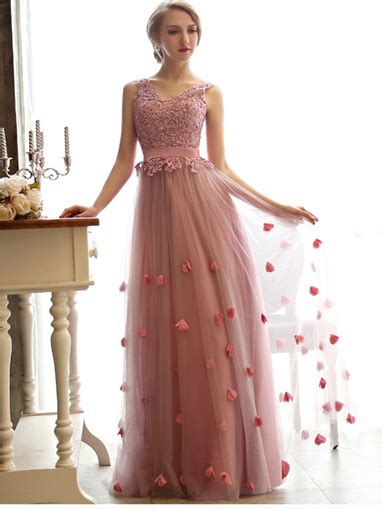 A Line V Neck Prom Dresses Pink Floor Length Tulle Evening Dress Prom