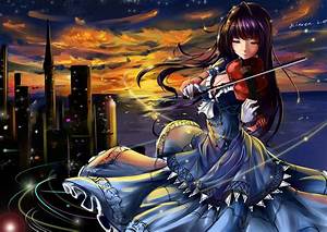 Violin, Kinven, Dress, Anime, Girls, Original, Mood, City
