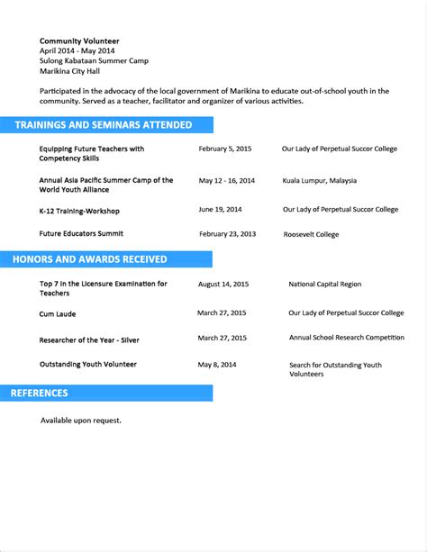 As resume writing is a vital skill for professional success, you should look over our fresher resume template for word and the following tips for writing each resume section from a summary statement to lists of skills, relevant experience, and education. Sample Resume Format for Fresh Graduates - Two-Page Format 3.2 | Basic resume, Teacher resume ...
