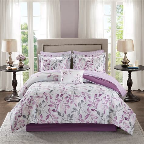 Purple And Grey Floral Reversible Comforter Set And Matching Sheet Set