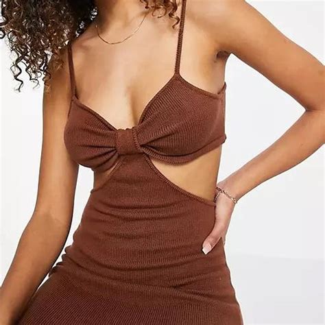 ASOS DESIGN Midi Dress With Cut Out Detail In Brown Depop