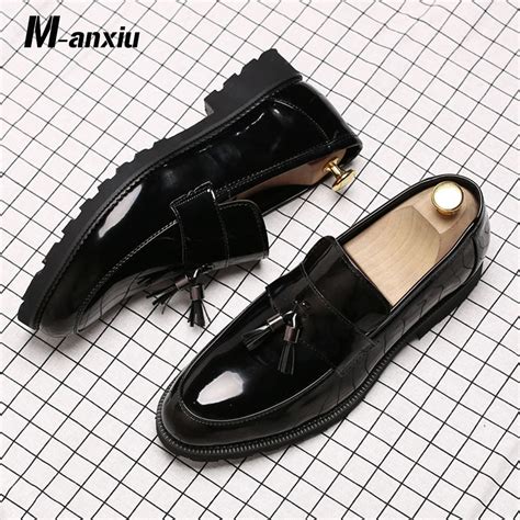M Anxiu Classic Black Patent Leather Wedding Shoes Mens Wingtip Slip On
