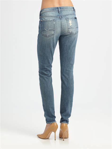 Lyst For All Mankind Distressed Squiggle Skinny Jeans In Blue