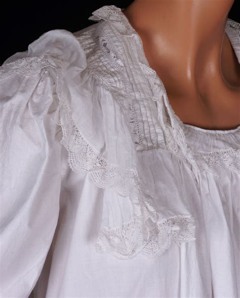 Antique Victorian Nightgown 19th C White Cotton Eyelet And Lace