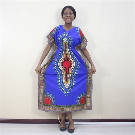 Dashikiage Fashion Autumn Dashiki Pattern Printed Blue 100 Cotton Short Sleeve African Dresses