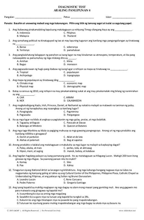 K To 12 Grade 4 Diagnostic Pre Test In Araling Panlipunan Summative
