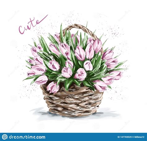 Hand Drawn Beautiful Pink Flowers In Basket Cute Tulips Stock Vector