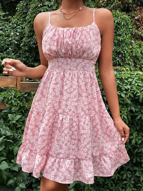 Random Allover Floral Print Ruched Bust Ruffle Hem Cami Dress In