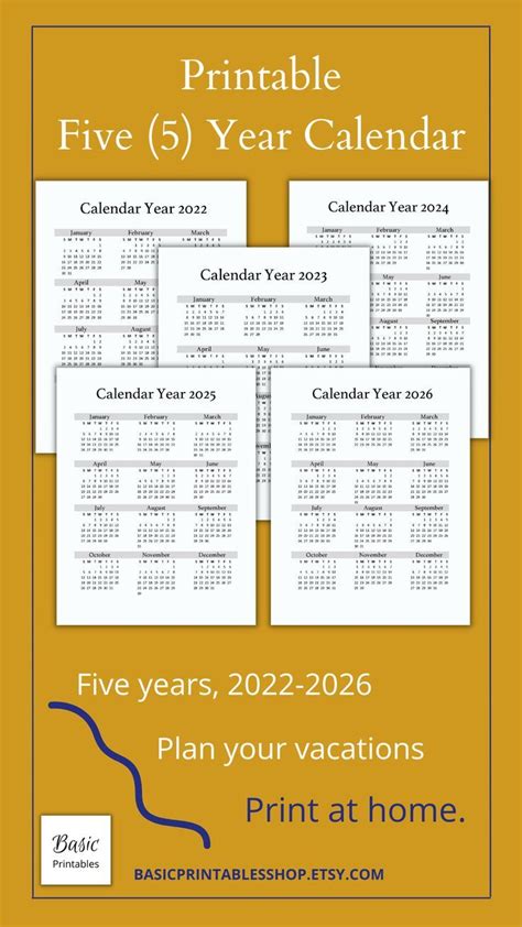 Printable 5 Year Calendar 2022 2023 2024 2025 And 2026 Digital