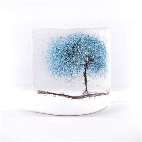 Fused Glass Blue Tree Curve Glass Art T Free Standing Etsy
