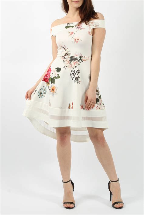 Ivory High Low Floral Print Bardot Skater Dress Bridgets Boutique