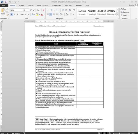 Food Product Recall Checklist Template Word