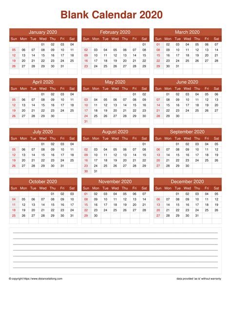 More 2020 Blank Portrait Calendar Templates