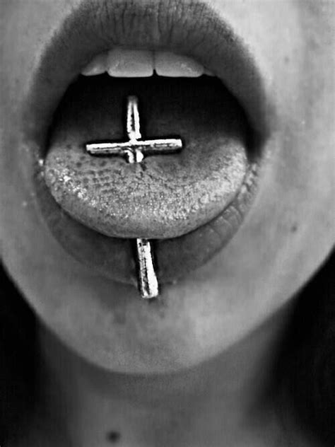 Body Modification Tongue Piercing With A Cross Jewelry Accent Mouth Piercings Tongue