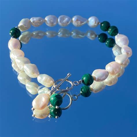 Baroque Pearl Bracelet With Genuine Real Malachite Natural Freshwater