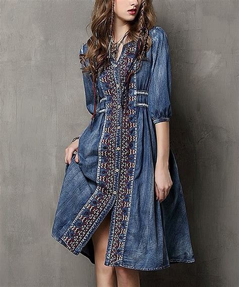 Take A Look At This Blue Denim Embroidered Button Front Midi Dress