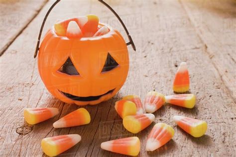 Candy Corn Halloween Sweets Usa Pumpkin Lantern Stock Photo