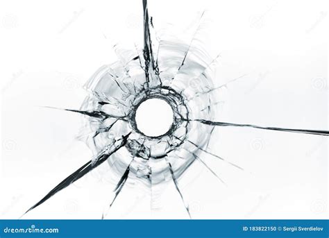 Bullet Hole In Glass Close Up On White Background Stock Photo Image