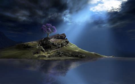 1440x900 Digital Art Cgi Nature Hill Mountain Rock Trees Water Clouds