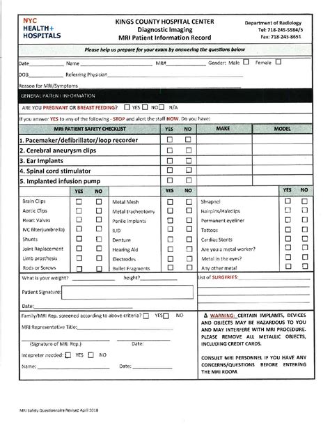 Mri Safety Sheet Kings County Hospital Suny Downstate