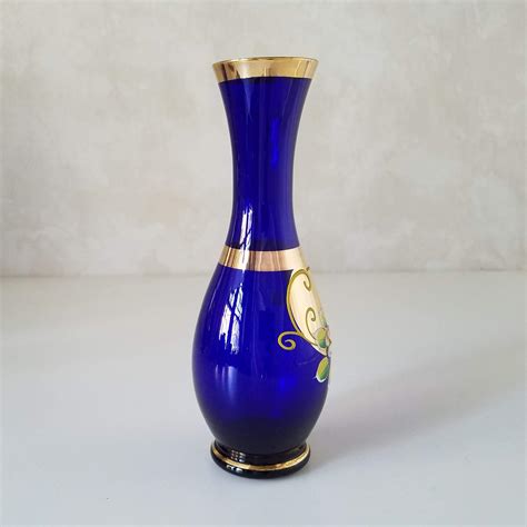 Bohemian Blue Glass Vase Cobalt Blue Czech Glass Enameled With Gold And Hand Painted Flowers