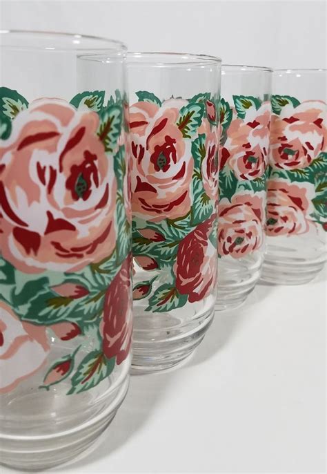 Vintage Pink Rose Drinking Glass Tumblers Pinkrose Glass Drinking Glass Glass Tumbler