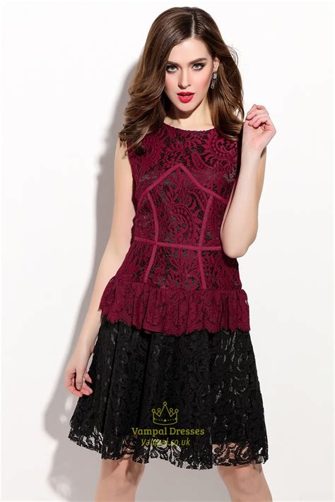 Going for an afternoon stroll? Red And Black Sleeveless Cocktail Dress With Lace Applique ...