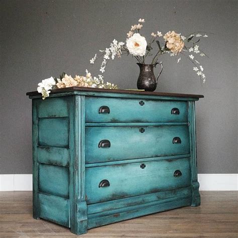 Rustic Three Drawer Chest In Layers Of Blended Turquoise Heavily