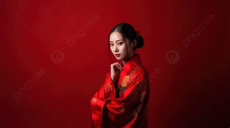 腕を組んで赤い背景イラストにチャイナ ドレスを着た女の子 赤い背景に伝統的なチャイナドレスを着た若いアジア人女性のポートレートが腰に手を当てている フラッシュ撮影 スリーブ背景画像素材