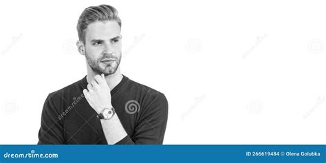handsome guy with unshaven face hair look thoughtful in casual style isolated on white serious