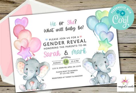Elephants Gender Reveal Invitation Invite Boy Or Girl He Or Etsy