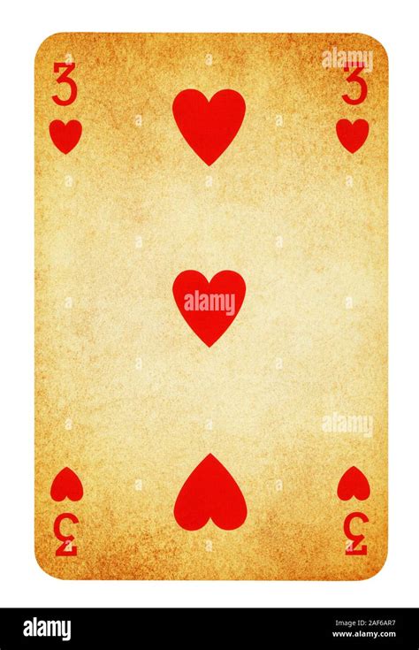 Three Of Hearts Vintage Playing Card Isolated On White Clipping Path