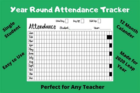 Year Round Attendance Sheet Single Student Tracker 12 Month Calendar