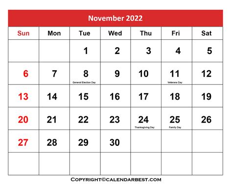 Free Printable November Calendar 2022 With Holidays