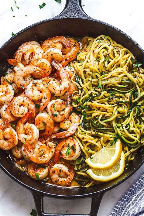 Healthy menu choices and nutrition facts. 10-Minute Lemon Garlic Butter Shrimp with Zucchini Noodles ...