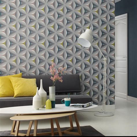 Illusion Geometric Wallpaper Grey Yellow Pink And Tealthis Beautiful
