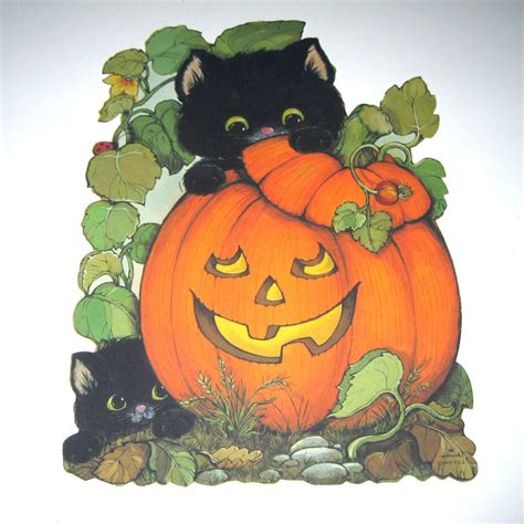 Vintage Halloween Die Cut Decoration With Black Cats Jack O Lantern And