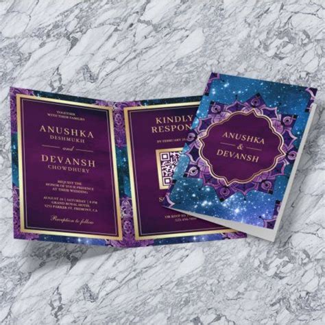 Blue Galaxy Purple Mandala Qr Code Indian Wedding Invitation Zazzle