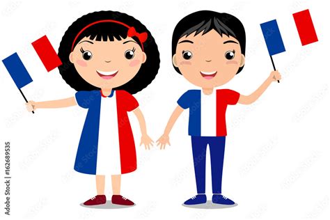 Smiling Children Boy And Girl Holding A France Flag Isolated On White