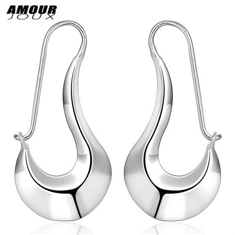 Amourjoux Fashion Oval Big Silver Color Hoop Earrings For Women Female