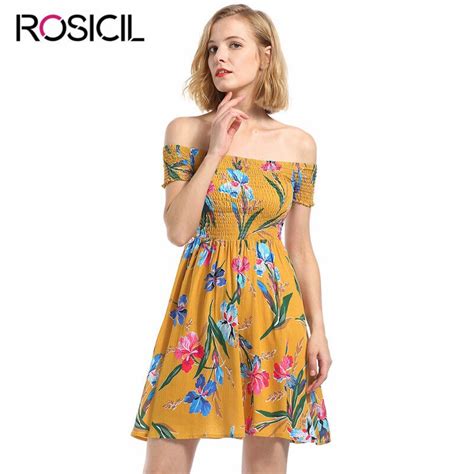 New Girl Casual Yellow Floral Print Summer Dresses Women Off Shoulder