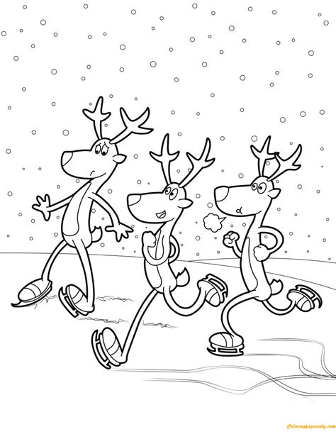 Three Reindeers Skating Coloring Pages - Christmas Coloring Pages