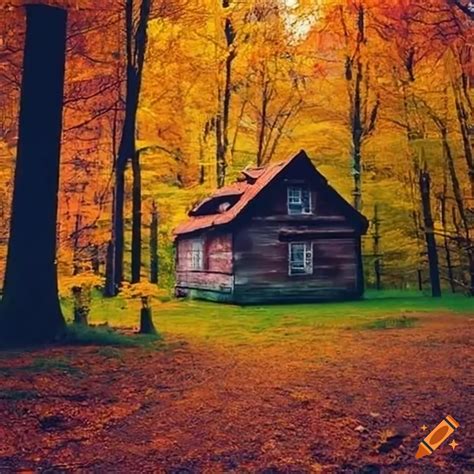 Colorful Autumn Forest With An Old House