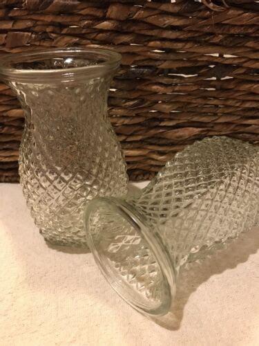 Vintage 2 Hoosier 5 1 2 Diamond Clear Glass Vase 4071 Faceted Pair