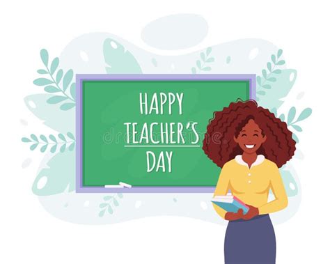 Happy Teachers Day Concept Black Female Teacher Near Chalkboard Vector Illustration Stock