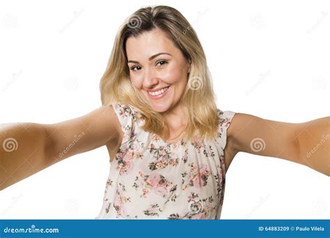 Young Pretty Fashion Blonde Woman Taking Self Shot Photo Stock Image Image Of Self White