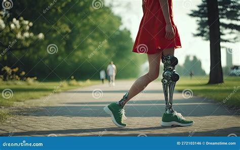 Female Legs Prosthesis Close Up Walking Outdoor In City Park Woman