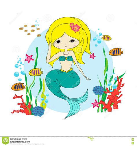 Funny Mermaid With Fish Stock Vector Illustration Of Blue 73540069